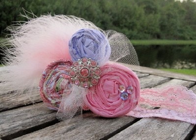 Vintage Baby Rosette Headband Pink Candy hand rolled rosette lace headband
