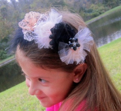 Rosette Headband Pink & Black Ballerina tulle floral headband