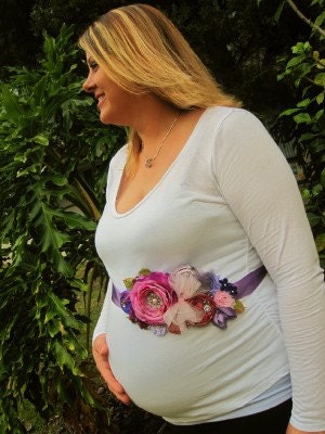 Violet, Purple and Pink Rosette Maternity or Bridal Sash Vintage-inspired w/ Handrolled Fabric Rosettes & Feathers