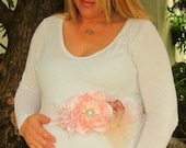 Blush Pink Rosette Bridal or Maternity Sash Vintage-inspired w/ Handrolled Fabric Rosettes & Feathers