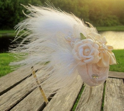 Pale Blush & Soft White Rosette Wedding Bridal Headband Headpiece Vintage-inspired w/Feathers and Lace