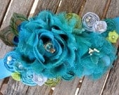 Rosette Wedding or Maternity Sash Vintage-inspired w/ Handrolled Fabric Rosettes & Peacock Feathers