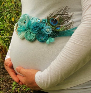 Turquoise Peacock Rosette Bridal or Maternity Sash Vintage-inspired w/ Handrolled Fabric Rosettes & Peacock Feathers