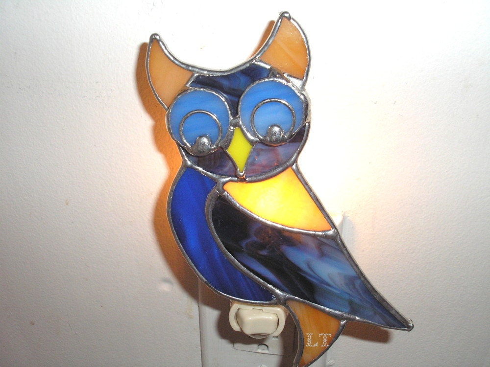 LT Stained glass Owl night light lamp made with blue, dark beige, mixed color and yellow