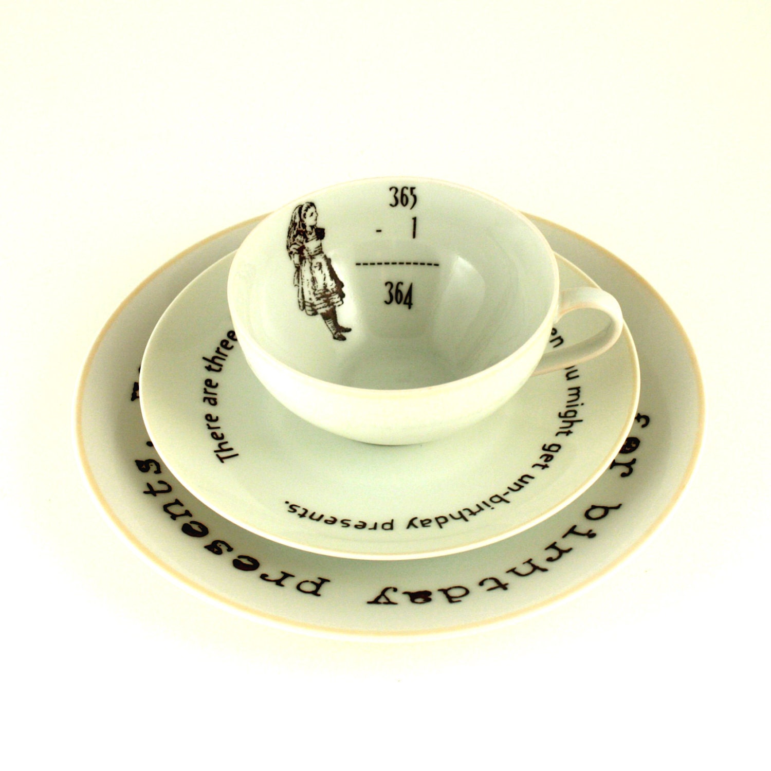 Alice's Birthday Cup Set Non - Birthday Altered Vintage Coffee Tea Cup Saucer and Dessert / Cake Plate White Porcelain Romantic
