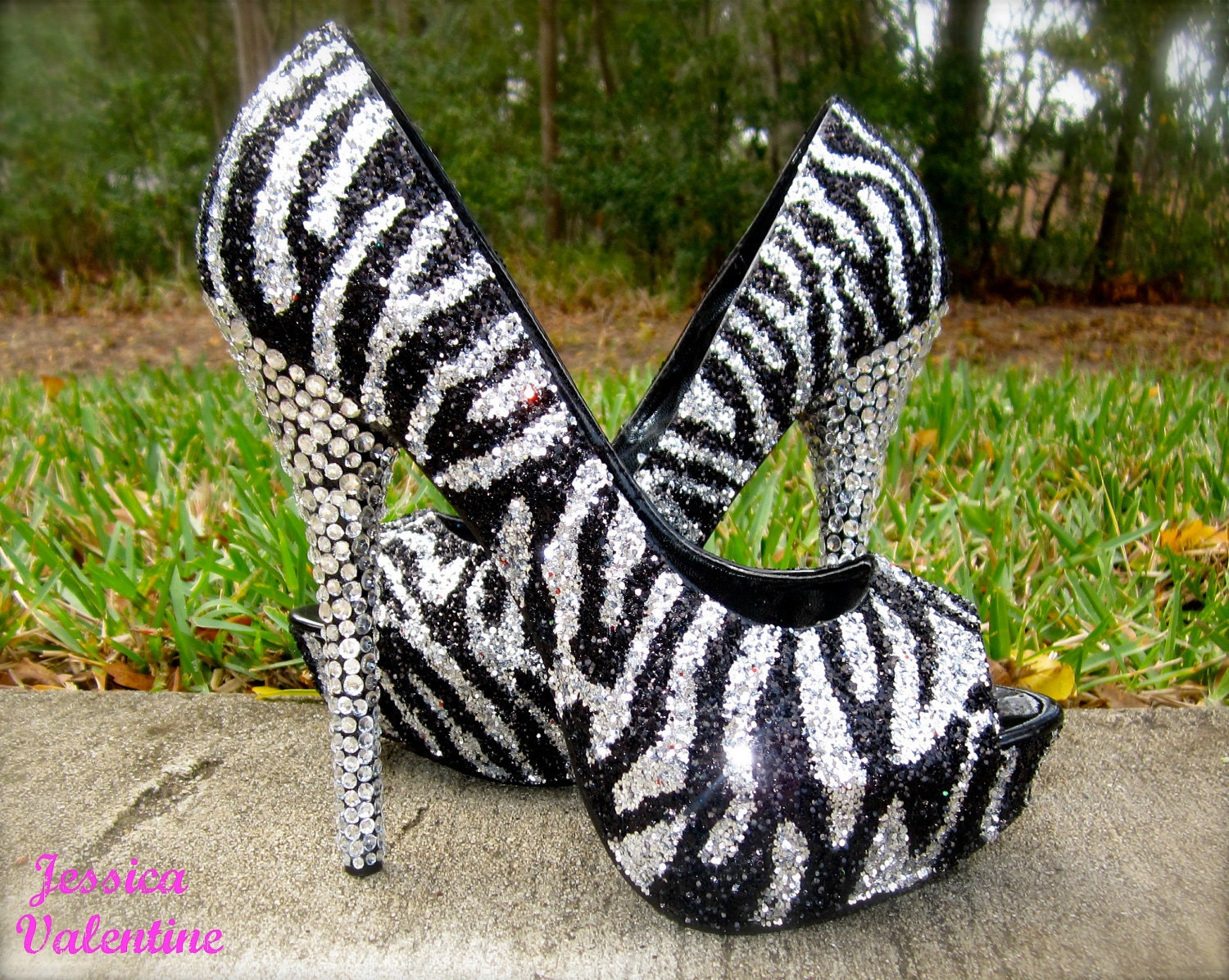 Zebra Silver & Black Glitter Heels