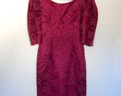 XS / S Vintage 1980s Maroon Lace Puff Sleeve Party Dress