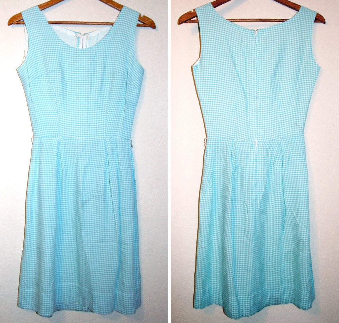 SALE - XS / S Vintage 1960s Light Blue And White Checkered Sheath Wiggle Dress