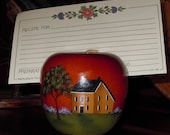 Primitive Folk Art Apple Recipe Holder Wooden Hand Painted with Saltbox House and Tree