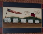 Primitive Folk Art Sheep Flag Americana Old Glory with House, Wooden Hand Painted