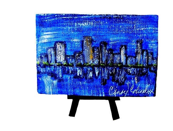 Take 20% OFF Details in Listing City Scape Small Original Painting with Display Easel Night Time Cityscape Expressionist Art