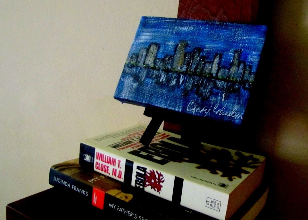 Take 20% OFF Details in Listing City Scape Small Original Painting with Display Easel Night Time Cityscape Expressionist Art