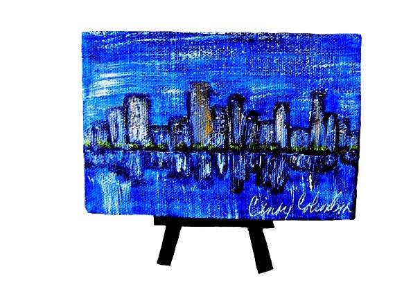 Take 20% OFF Details in Listing City Scape Small Original Painting with Display Easel Night Time Cityscape Expressionist Art