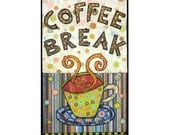 mixed media, collage, Coffee Cup, Kitchen Decor, Wall art, Coffee Break,Teal, Yellow, Blue,Polka Dots, Kitchen 8x10,5x7