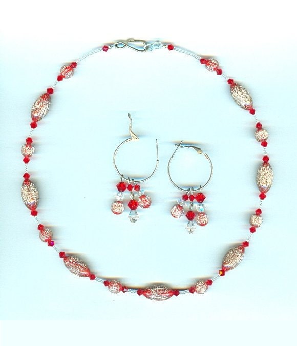 Fashion Jewelry Set Vintage Red Confetti Lucite Silver