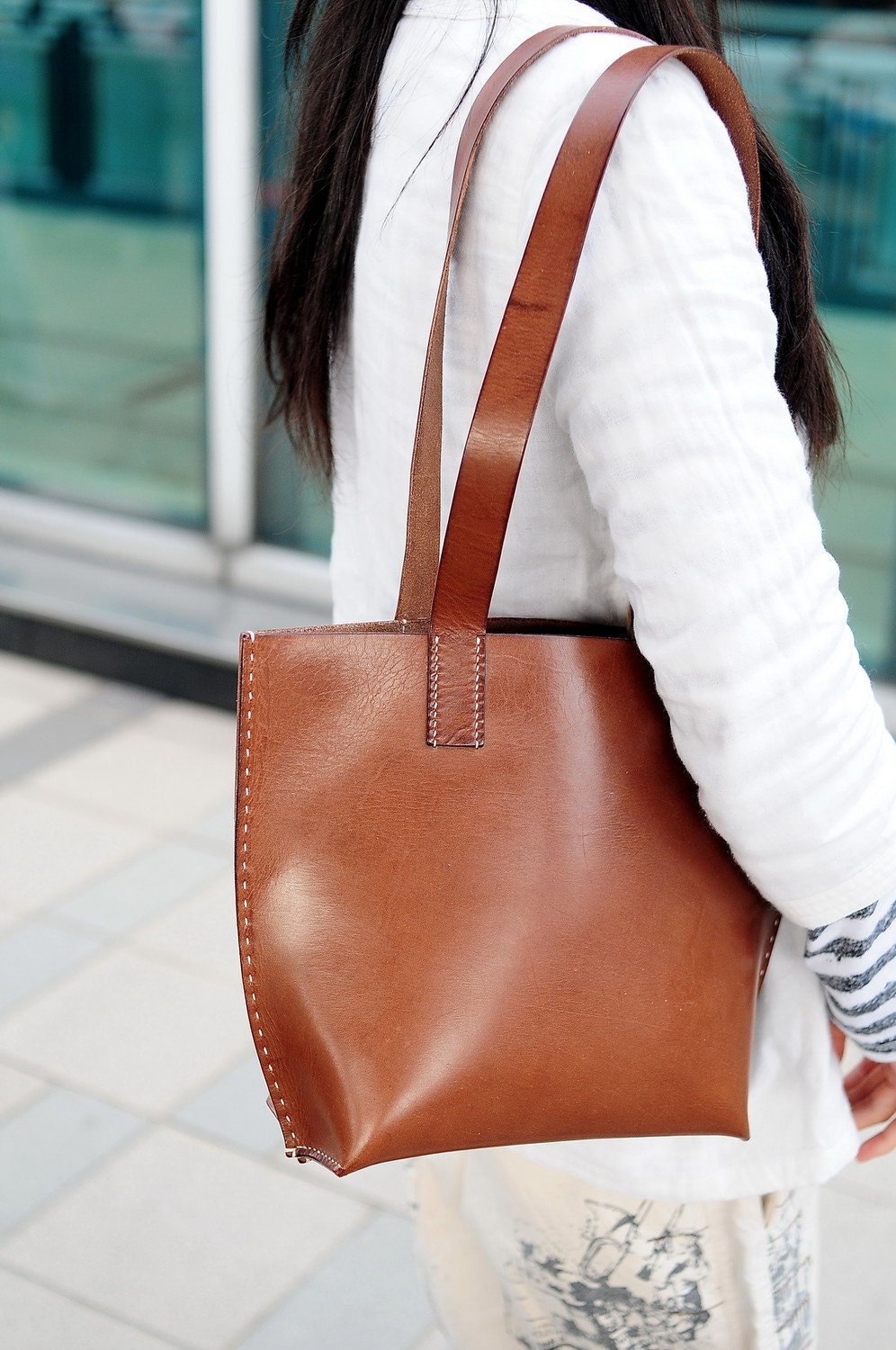 Hand Stitched Brown Leather Tote Bag (special for Judi)