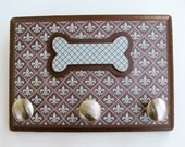 Leash Hanger, Brown and Aqua Fleur de Lis with Dog Bone Accent