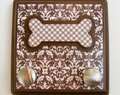 Leash Hanger, Brown and Cream Damask with Dog Bone Accent