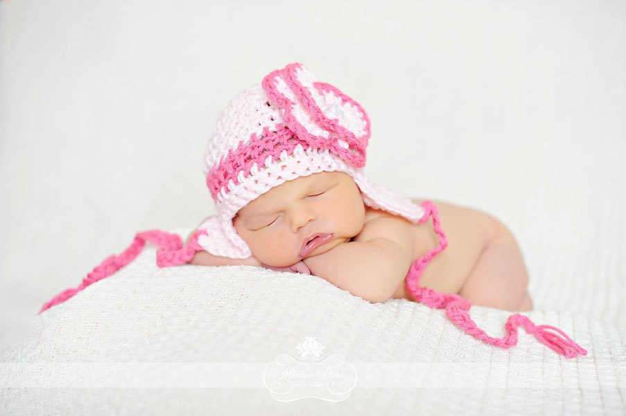 Dark and light pink earflap flower hat w/ braided tassels -- Newborn