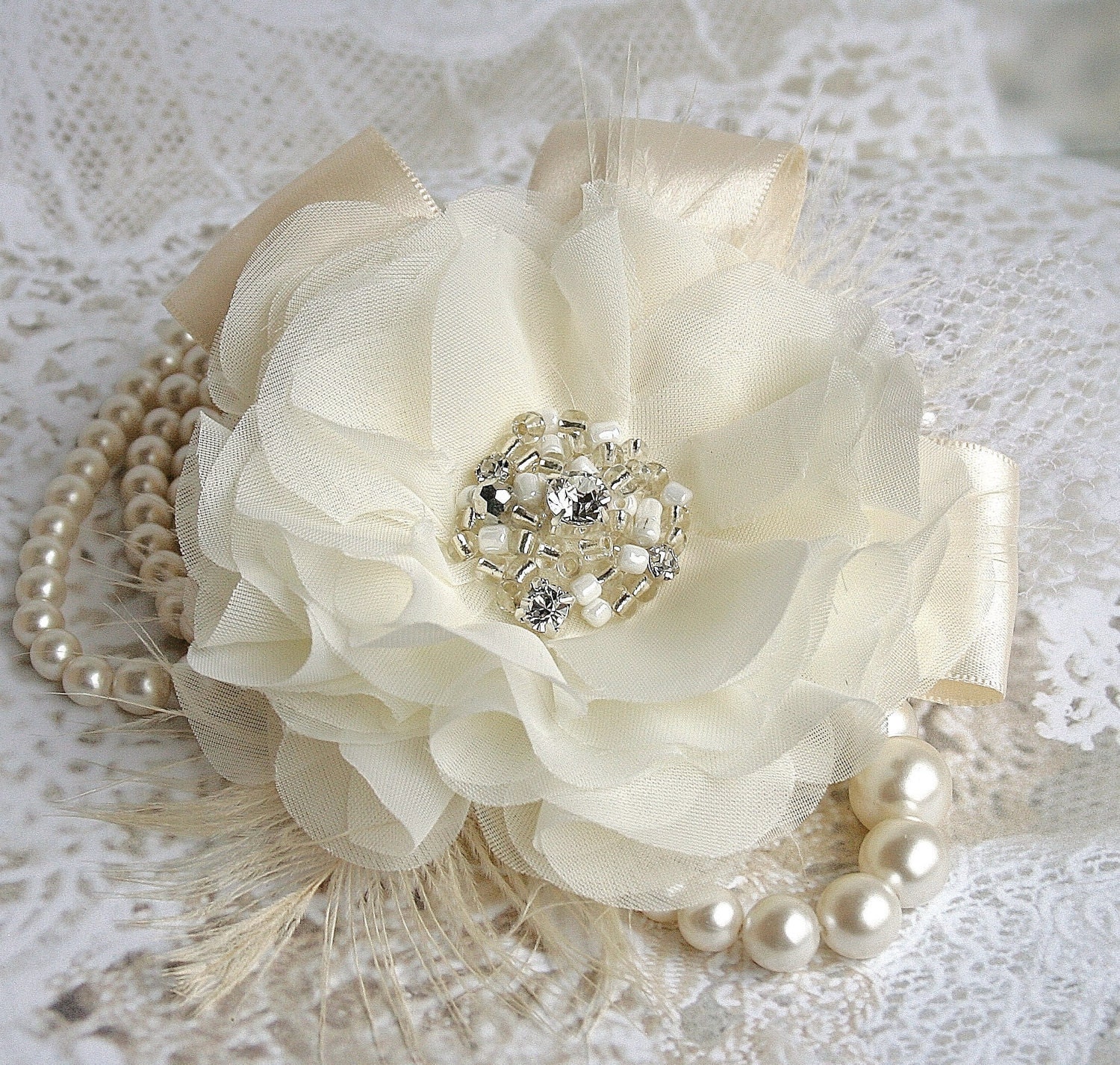 Pearl Bridal Hair Flower, Bridal Wedding Hair Accessories, Wedding Hair Flower, Ivory Bridal Hair Flower, Rhinestone, Tulle Hair Flower
