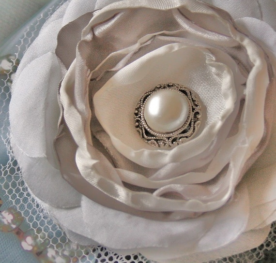 White and silver silky satin bridal hair clip, bridal hair flower, bridal hairpiece, flower fascinator