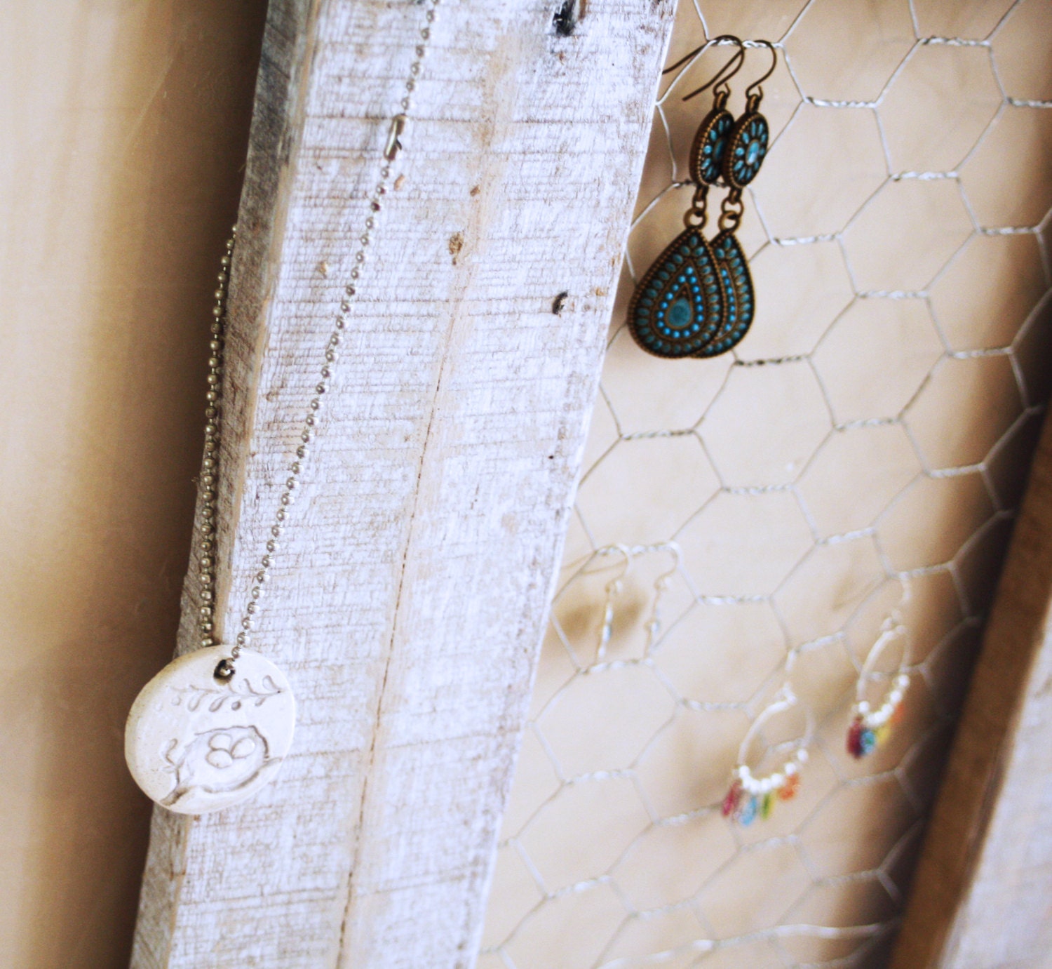Jewelry Organizer Display made from distressed upcycled wood and chicken wire