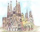 La Sagrada Familia Barcelona Spain watercolor illustration print