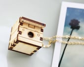 Polaroid Camera Necklace Locket - Wood Vintage Camera Locket