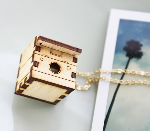 Polaroid Camera Necklace Locket - Wood Vintage Camera Locket