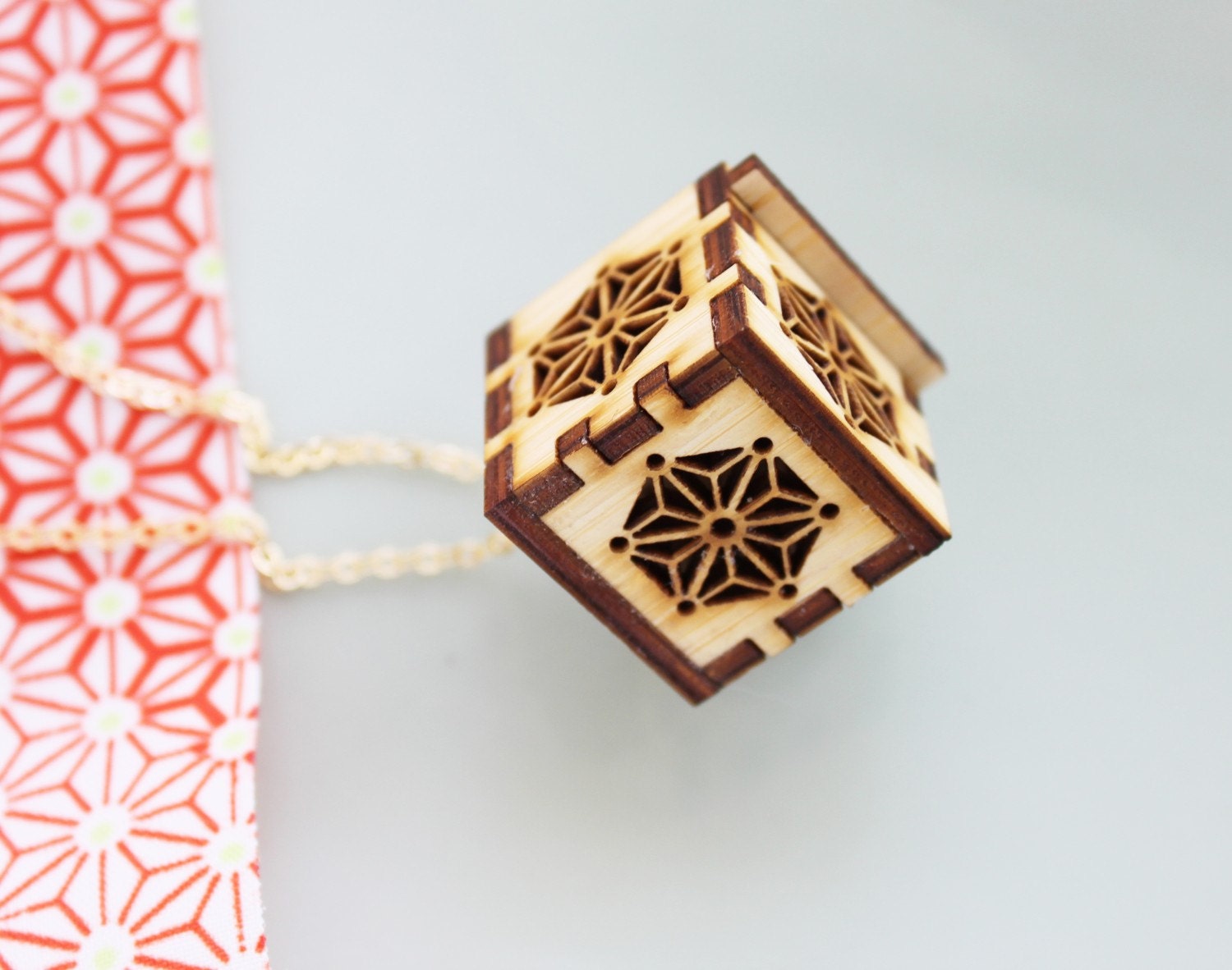 Locket Necklace - Star, Asanoha Geometric  Japanese Pattern Wood Locket Necklace