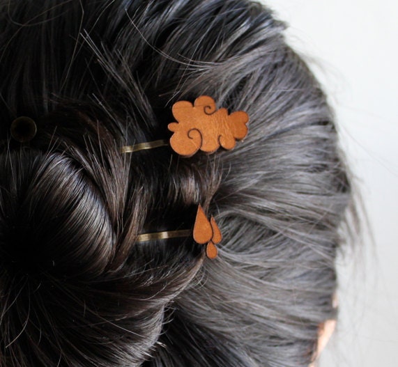 Hair Pin Set - Rain Drop and Cloud "Rainy Day" Leather Hair Accessory Set