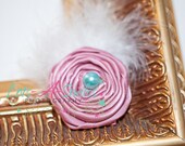 spring floral headband, Baby Flower Headband - Newborn Headband - Feather Headband - Pink Satin Rosette Flower with Feathers - photo props