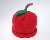 Apple Hat, Red Knit with Rolled Brim and Green Leaf, Newborn Size (Item 387)