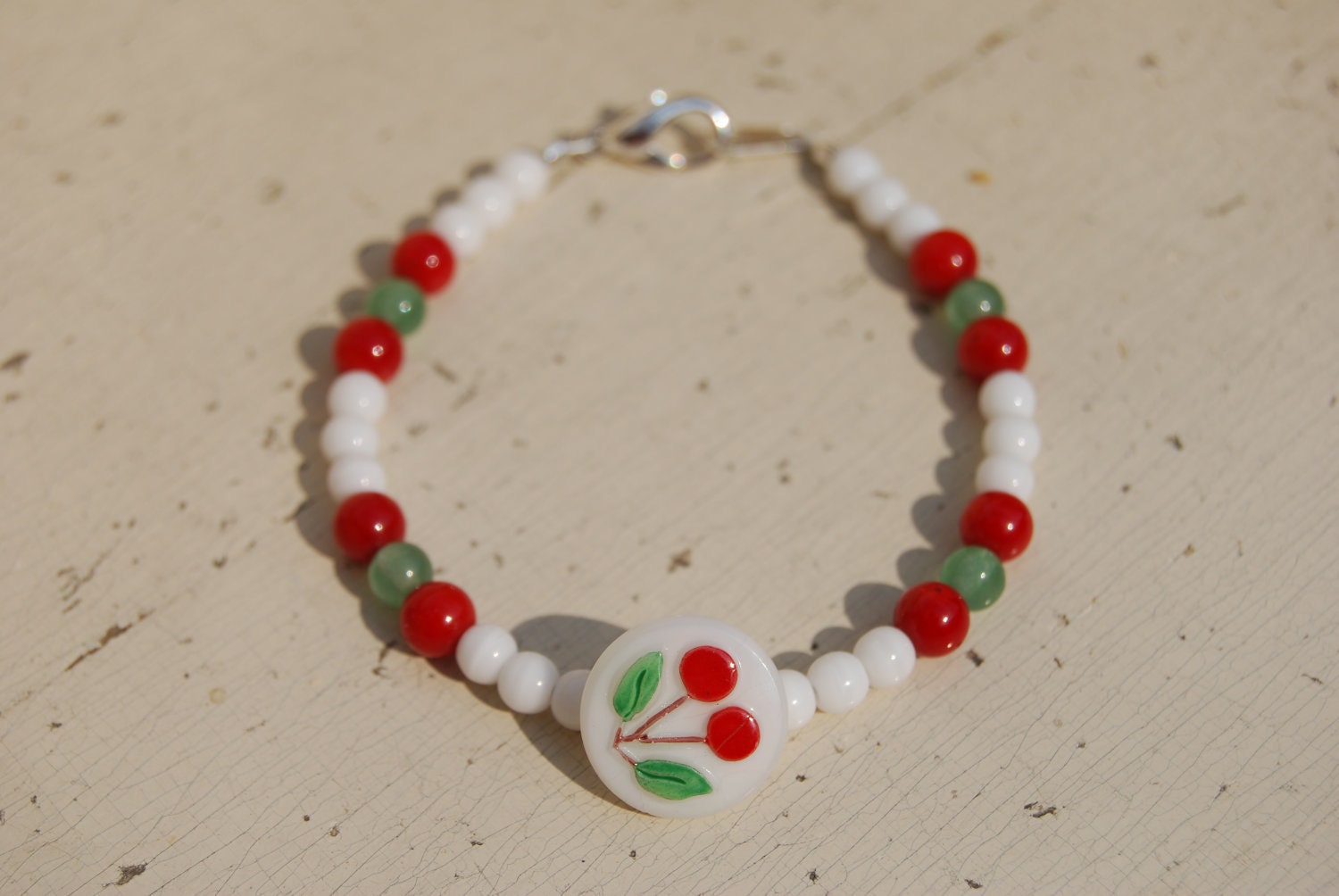 Button Bracelet, Red Cherry Czech Button with Red Green White Beads, 4 to 5 Years Size (Item 397)
