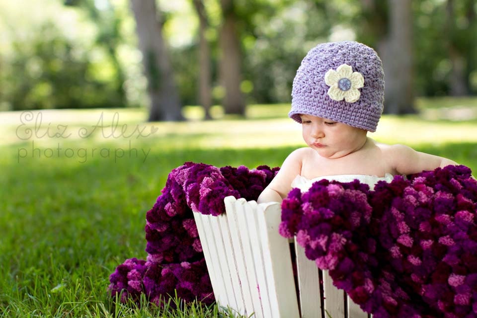Purple Baby Cloche Hat with Cream Flower and Vintage Button, 6 to 12 Month Size (Item 789)