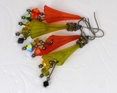 Long Earrings - Lucite Trumpet Bells in Olive or Orange, Gorgeous Color Combinations Over 1.5" Dangle