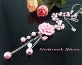 Sweet pink rose Crystal Pearl-Polymer Clay 30inch long Necklace