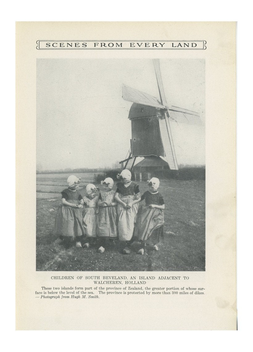 1912 Children Of South Beveland, An Island Adjacent To Walcheren, Holland, And A Team Of Nine Yoke Of Oxen Drawing A Block Of Marble Through The Streets Of Carrara, Italy, Antique Photo Print, Scenes From Every Land