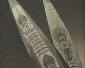 1957 Indonesia, Wood Paddle Detailed View With Profile Of Man, Native Antique Photo Print, Exotic Art From Around The World, Photo, Printed In Czechoslovakia, Published In London, England, Decorative Paper