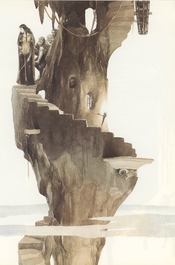 Castle The Castle Of Morgan Le Fay And Princess Welcoming Travelers, Alan Lee, Antique Print, Printed In USA, 1984