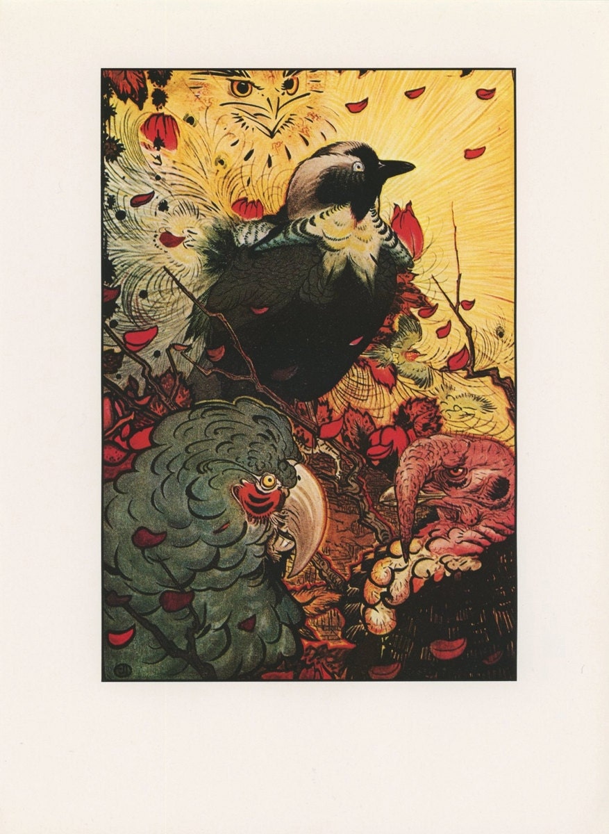 Fantastic Creatures, The Vain Jackdaw Bird, Fables Of Aesop, Edward Julius Detmold, USA, Antique Children Print
