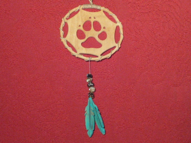 Dream Catcher - Wolf Foot Print - Ornament - with 2 feathers - wooden