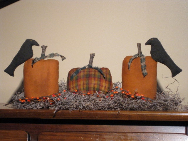 Primitive Fabric Pumpkins - set of 3 - (two with Crows) - Thanksgiving - Centerpiece - Fall - Shelf Sitter
