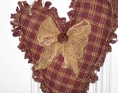 Primitive Rag Heart Hanging - Maroon Homespun Fabric - Love - Valentine's Day - Wedding - Anniversary