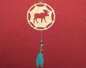Moose Dream Catcher - Wooden - with 2 feathers - ornament - small