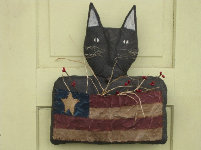 Primitive Americana Cat Door Doll - Patriotic - Fabric - Folk Art Wall Hanging