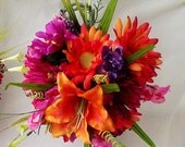 Destination Wedding brides maid Bouquet HOT Pink Orange Bouquet silk tropical wedding flowers bridal accessories