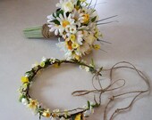 Wedding Flowers Daisy Bouquet and hairwreath set Twine wrap Bridal Bouquet hair accessories Flower Crown bridal hair flowers headpiece