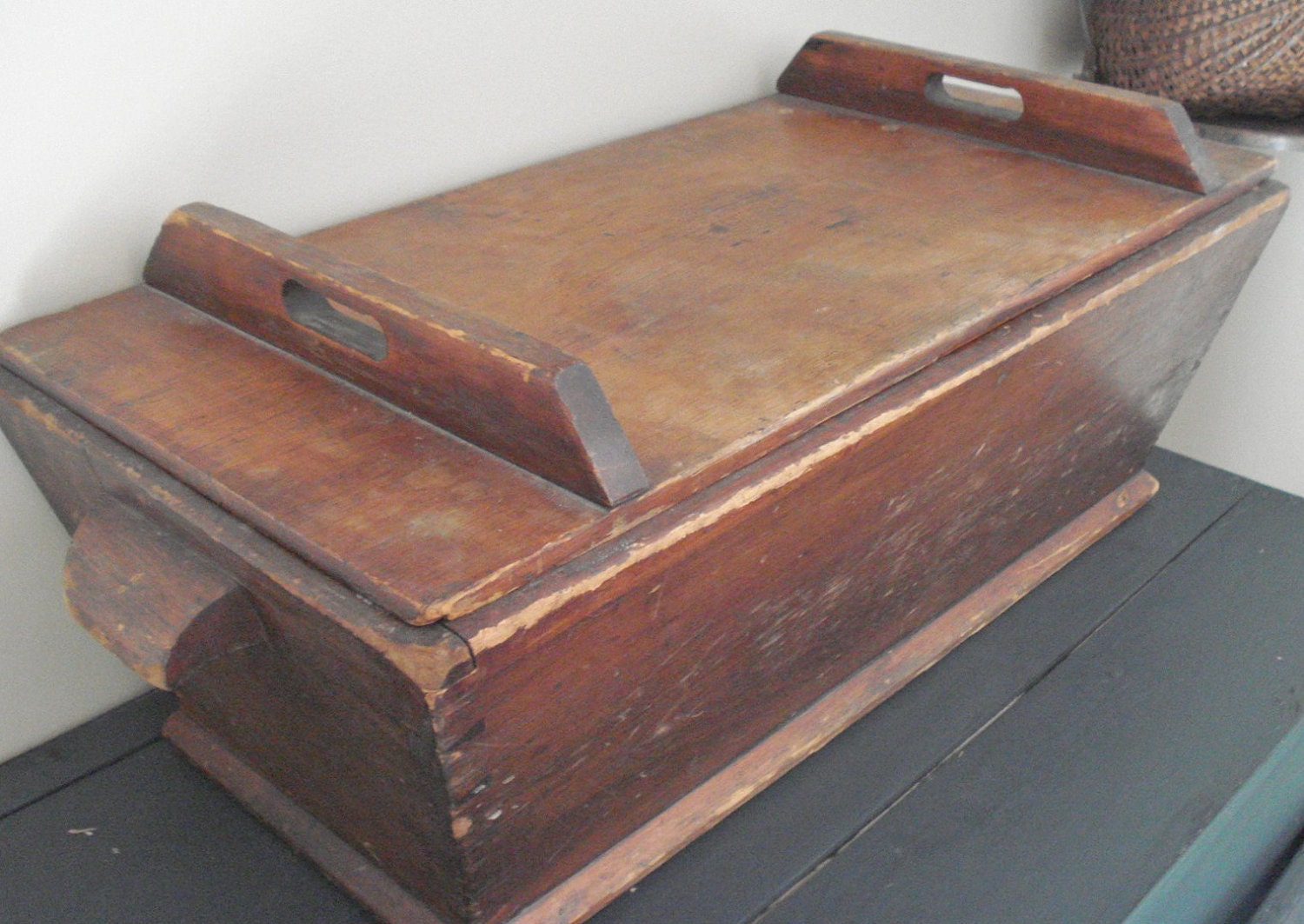Antique Dough Box With Original Lid - Square Head Nails - Tongue And Groove Corners - Primitive Farmhouse