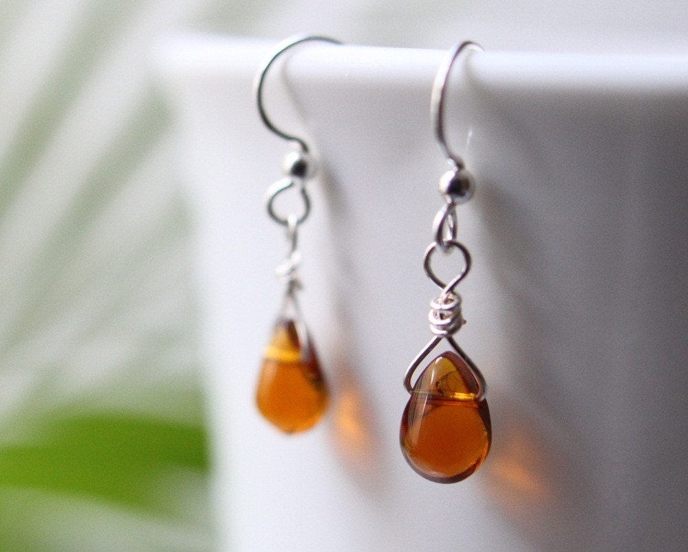Teardrop Earrings, Golden Amber Glass Briolettes on Hypo-Allergenic, Nickel-Free Ear-Wires